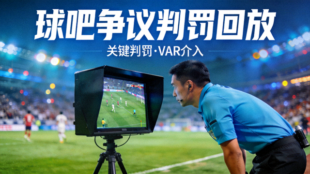 球吧争议判罚回放视频封面，主裁判查看场边 VAR 监视器
